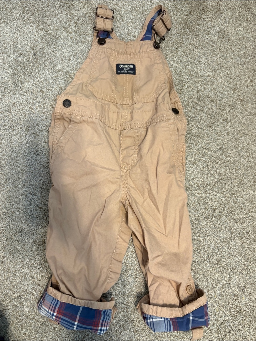 Oshkosh B’Gosh Overalls Tan Toddler Baby Size 24 months Plaid Cuffs